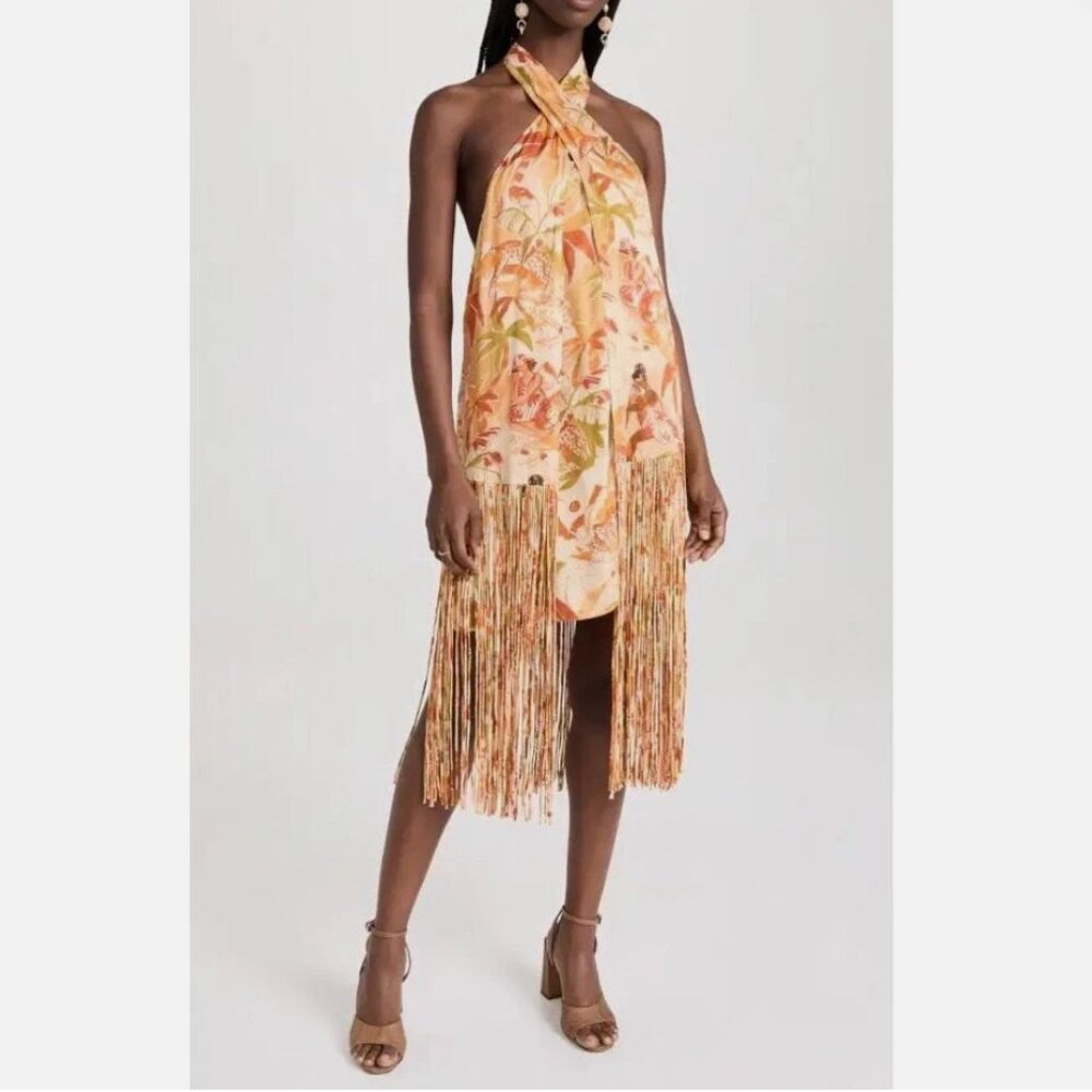 NWT Farm Rio Leopard Forest Sand Halter Neck Fringed Mini Dress Orange Print